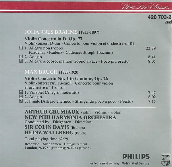 Johannes Brahms, Max Bruch – Arthur Grumiaux, New Philharmonia Orchestra, Sir Colin Davis, Heinz Wallberg-1