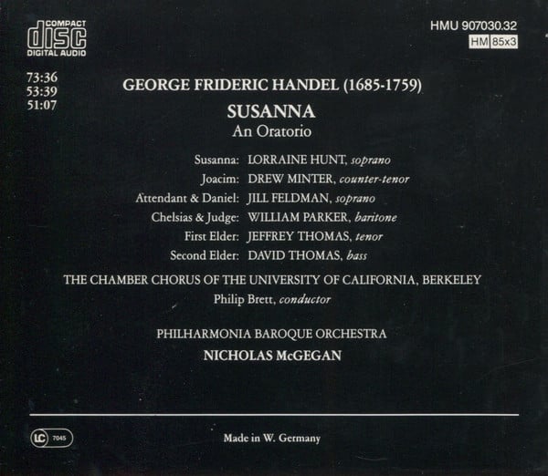 Georg Friedrich Händel, Philharmonia Baroque Orchestra, University Of California Berkeley Chamber Chorus, Lorraine Hunt, Drew Minter, Jill Feldman, William Parker (3), Jeffrey Thomas (2), David Thomas (9), Nicholas McGegan-1