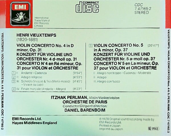 Henri Vieuxtemps - Itzhak Perlman, Orchestre De Paris, Daniel Barenboim-1