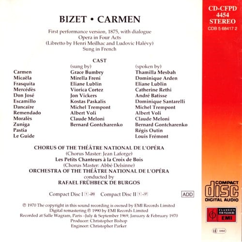 Georges Bizet - Grace Bumbry · Jon Vickers · Mirella Freni · Kostas Paskalis ; Orchestre National De L'Opéra De Paris, Rafael Frühbeck De Burgos-1