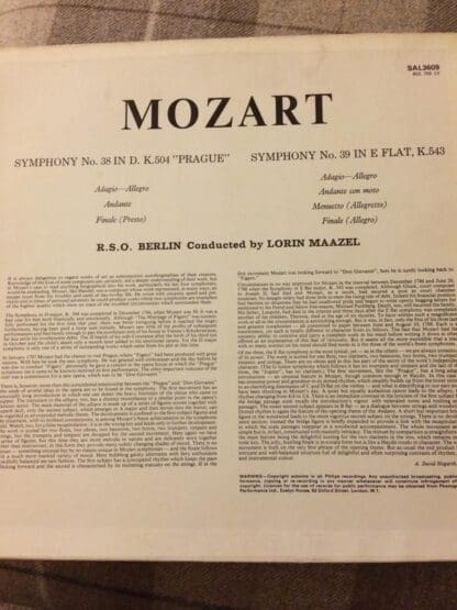 Symphony No. 38 In D Major, K. 504 "Prague" / Symphony No. 39 In E Flat Major, K. 543 LP (UK 1967):Mozart - Image 2