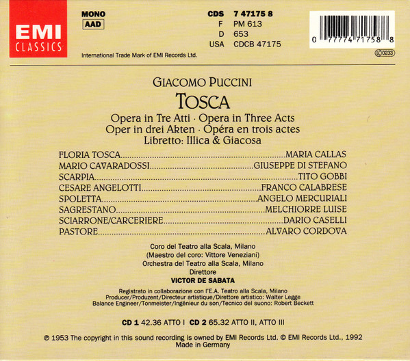 Giacomo Puccini / Maria Callas, Giuseppe di Stefano, Tito Gobbi, Orchestra Del Teatro Alla Scala E Coro Del Teatro Alla Scala, Victor De Sabata-1