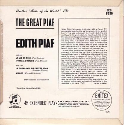 The Great Piaf 7" (UK):Edith Piaf - Image 2