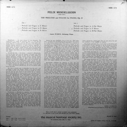 The Preludes and Fugues for Piano, Op. 35 LP (US 1976):Felix Mendelssohn - Image 2