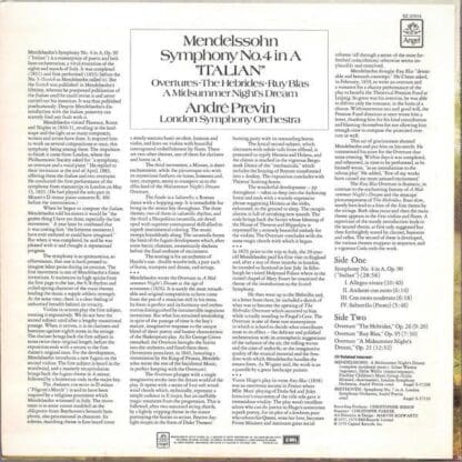 Symphony No.4 In A "Italian" / Overtures LP (US 1979):Mendelssohn - Image 2