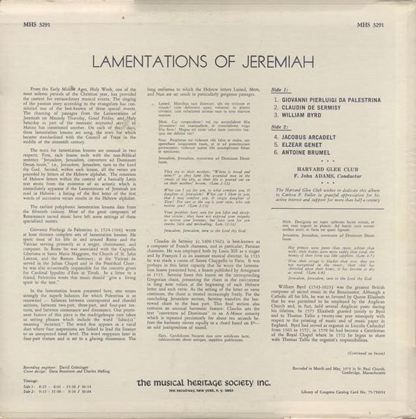 Lamentations Of Jeremiah LP (US 1976):The Harvard Glee Club - Image 2