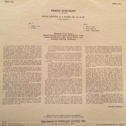 Piano Quintet in A Major, Op.114 ("The Trout") LP (US):Franz Schubert - Image 2