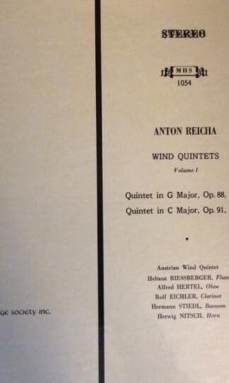 Wind Quintets, Volume 1 LP (US):Anton Reicha