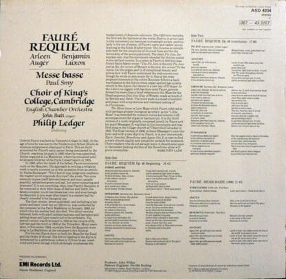 Requiem / Messe Basse LP (UK 1982):Fauré - Image 2