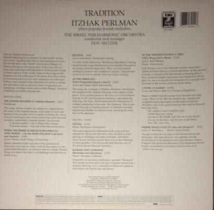 Tradition - Itzhak Perlman Plays Popular Jewish Melodies LP (USA/CAN 1987):Itzhak Perlman - Image 2