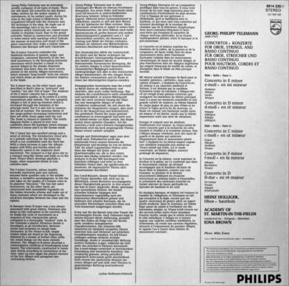 Concerti Per Oboe LP (EU 1982):Georg Philipp Telemann - Image 2