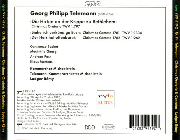 Georg Philipp Telemann – Constanze Backes ∙ Mechthild Georg ∙ Andreas Post ∙ Klaus Mertens ∙ Telemann-Kammerorchester Michaelstein ∙ Kammerchor Michaelstein ∙ Ludger Rémy-1