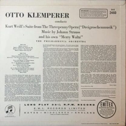 Kurt Weill's Suite From The Threepenny Opera (Dreigroschenmusik) LP (UK):Otto Klemperer - Image 2