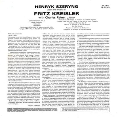 Plays The Music Of Fritz Kreisler LP (UK 1970):Fritz Kreisler - Image 2