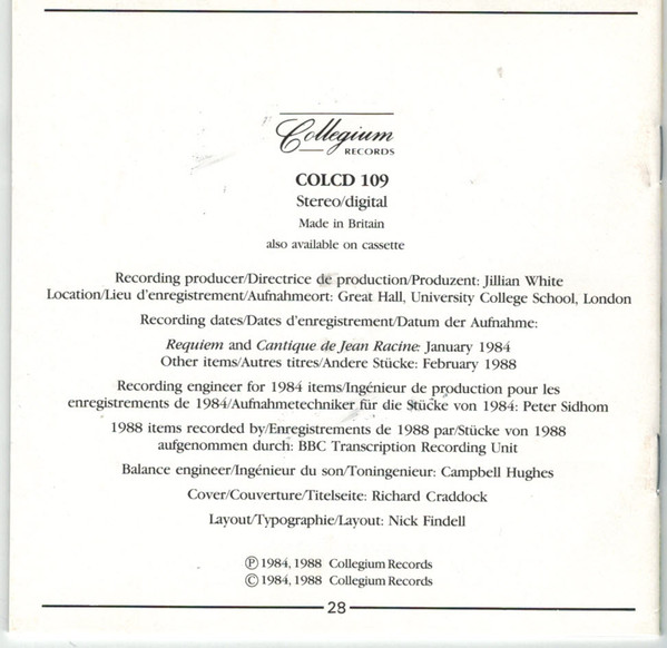 Gabriel Fauré - The Cambridge Singers, City Of London Sinfonia Directed By John Rutter-1