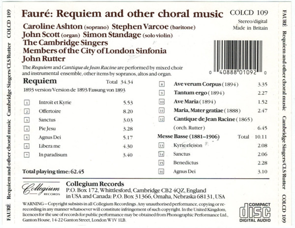 Gabriel Fauré - The Cambridge Singers, City Of London Sinfonia Directed By John Rutter-2