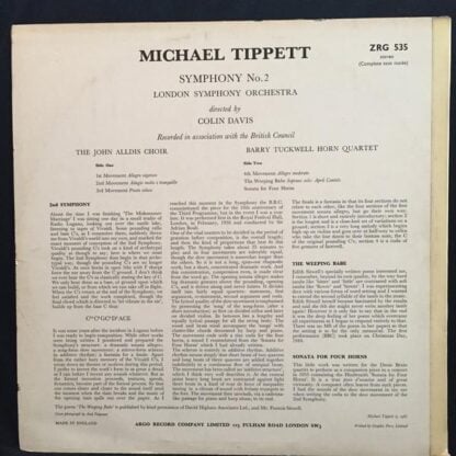 Second Symphony LP (UK 1968):Sir Michael Tippett - Image 2