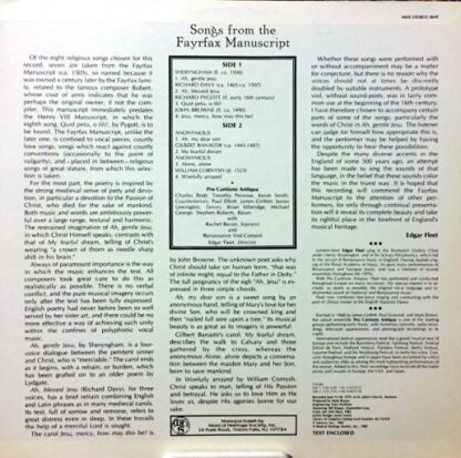 Songs From The Fayrfax Manuscript LP (US 1982):Pro Cantione Antiqua - Image 2