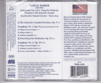 Orchestral Works - Symphonies Nos. 1 and 2 CD:Samuel Barber - Image 2