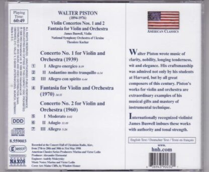 Violin Concertos Nos. 1 & 2 / Fantasia For Violin & Orchestra CD:Walter Piston - Image 2