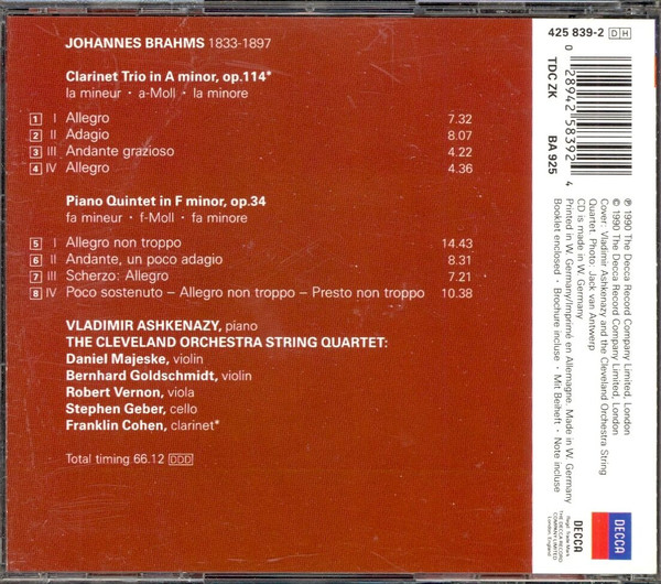 Johannes Brahms, Vladimir Ashkenazy, The Cleveland Orchestra String Quartet, Franklin Cohen-1
