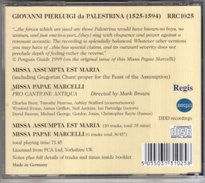 Palestrina. Missa Assumpta Est Maria / Missa Papae Marcelli:Pro Cantione Antiqua - Image 2