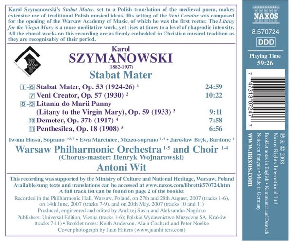 Karol Szymanowski, Iwona Hossa ∙ Ewa Marciniec ∙ Jarosław Bręk, Orkiestra Symfoniczna Filharmonii Narodowej And Chór Filharmonii Narodowej ∙ Antoni Wit-1