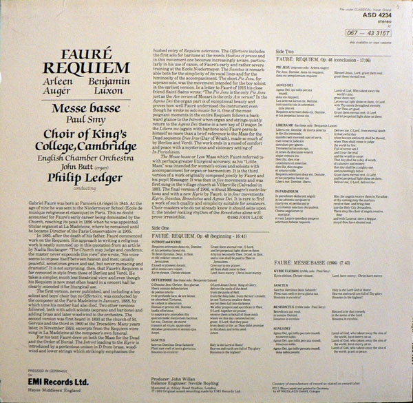 Gabriel Fauré - Arleen Auger, Benjamin Luxon, Paul Smy, The King's College Choir Of Cambridge, English Chamber Orchestra, John Butt, Philip Ledger-1