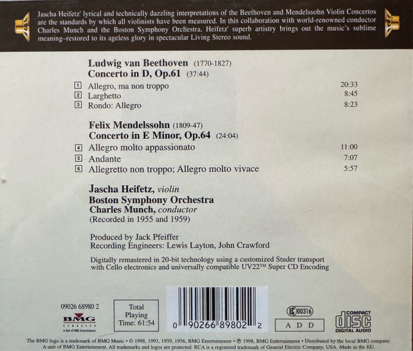 Ludwig Van Beethoven, Felix Mendelssohn-Bartholdy, Jascha Heifetz • Charles Munch, Boston Symphony Orchestra-1