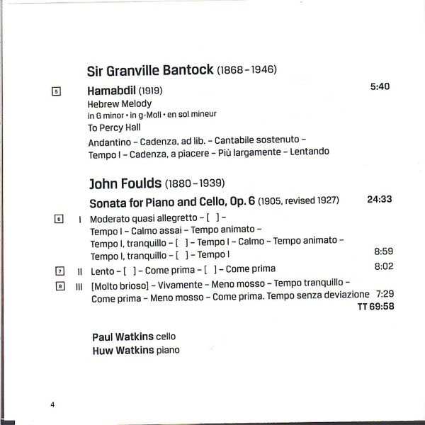 Paul Watkins (3), Huw Watkins, Charles Hubert Hastings Parry, Frederick Delius, Granville Bantock, John Foulds-3