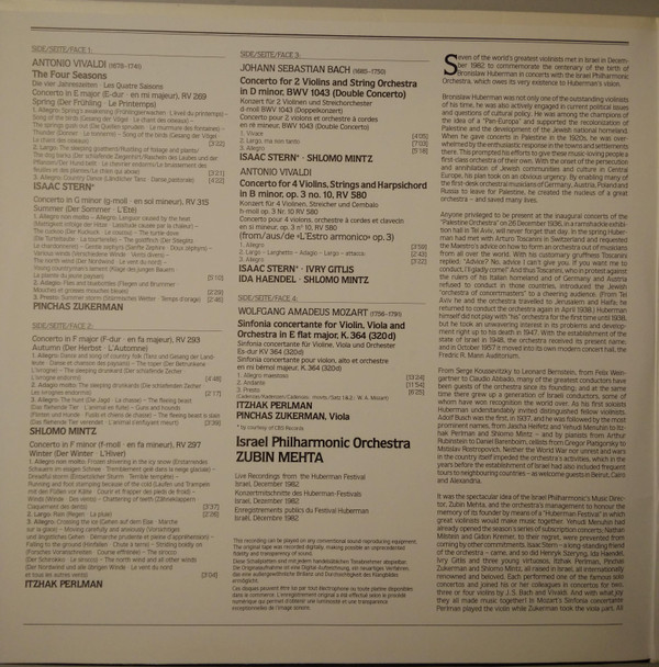 Pinchas Zukerman • Isaac Stern, Itzhak Perlman • Shlomo Mintz, Israel Philharmonic Orchestra, Zubin Mehta, Antonio Vivaldi / Johann Sebastian Bach / Wolfgang Amadeus Mozart-1