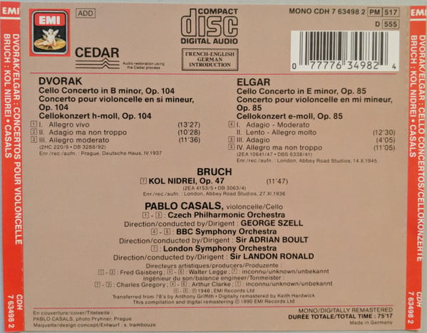 Antonín Dvořák / Sir Edward Elgar / Max Bruch - Pablo Casals - The Czech Philharmonic Orchestra, BBC Symphony Orchestra, London Symphony Orchestra, George Szell, Sir Adrian Boult, Landon Ronald-1