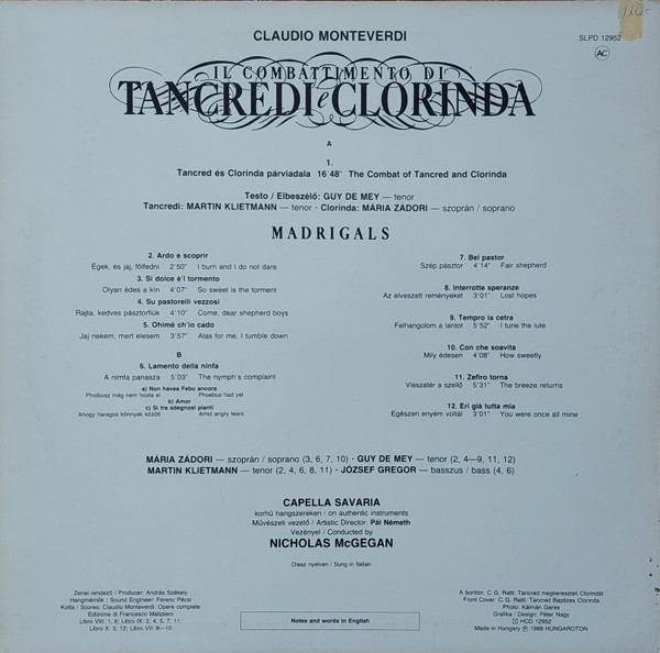 Claudio Monteverdi – Guy De Mey - Mária Zádori - Martin Klietmann - József Gregor - Capella Savaria - Nicholas McGegan-1