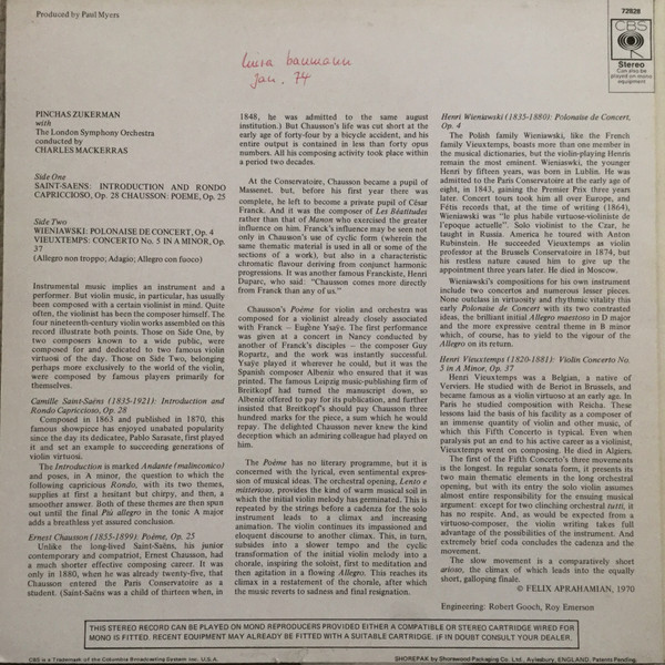 Pinchas Zukerman - Camille Saint-Saëns, Ernest Chausson, Henryk Wieniawski, Henri Vieuxtemps - London Symphony Orchestra, Sir Charles Mackerras-3