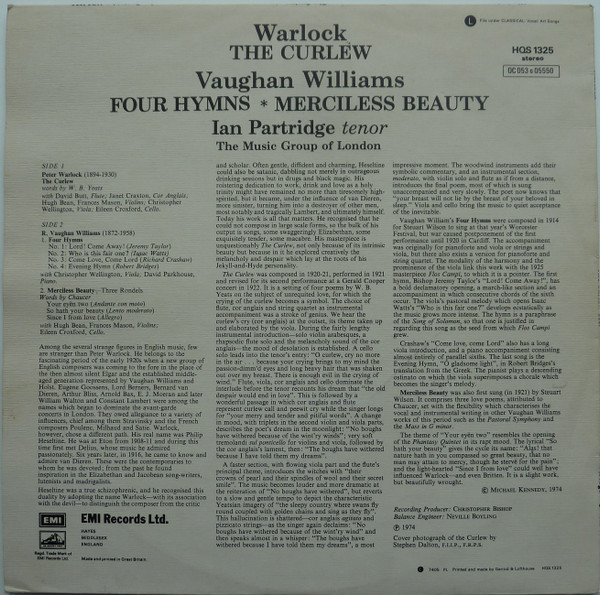 Peter Warlock / Ralph Vaughan Williams / Ian Partridge / David Butt / Janet Craxton / The Music Group Of London-1