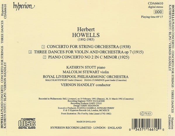 Herbert Howells, Kathryn Stott, Malcolm Stewart, Royal Liverpool Philharmonic Orchestra, Vernon Handley-1
