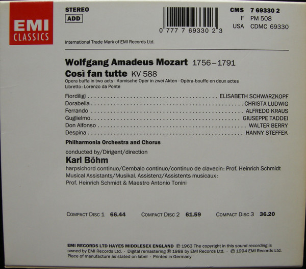 Wolfgang Amadeus Mozart, Elisabeth Schwarzkopf, Christa Ludwig, Hanny Steffek, Alfredo Kraus, Giuseppe Taddei, Walter Berry, Philharmonia Orchestra And Philharmonia Chorus, Karl Böhm-2