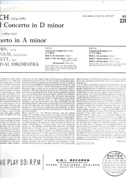Carl Philipp Emanuel Bach / Johann Sebastian Bach - Yehudi Menuhin, George Malcolm, William Bennett (3) & Bath Festival Orchestra-1