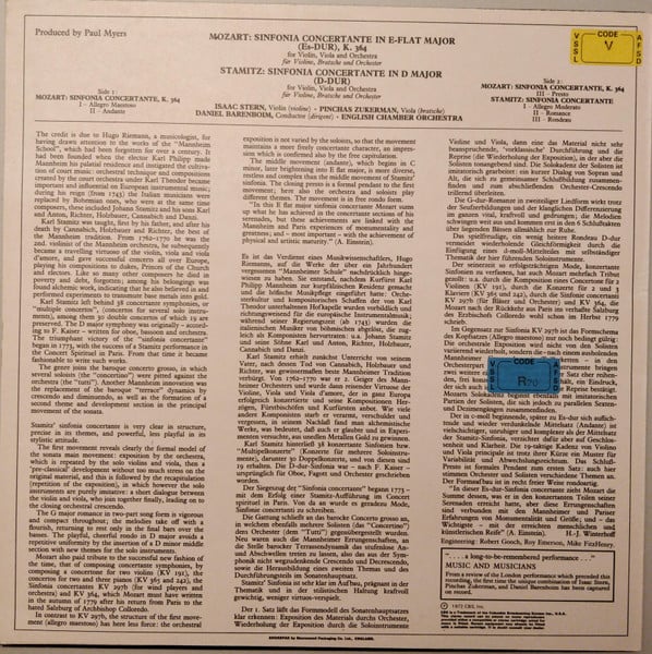 Isaac Stern / Pinchas Zukerman / Daniel Barenboim, English Chamber Orchestra - Wolfgang Amadeus Mozart / Carl Stamitz-1