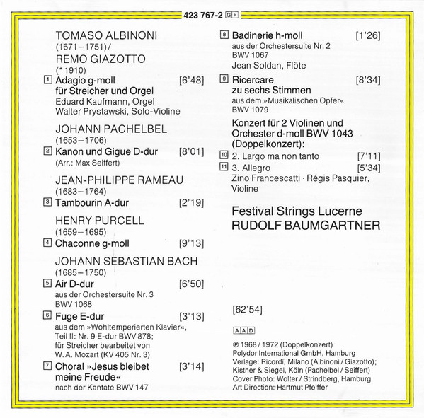 Tomaso Albinoni / Johann Pachelbel / Johann Sebastian Bach, Festival Strings Lucerne, Rudolf Baumgartner-1
