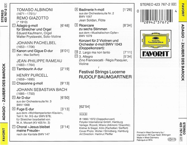 Tomaso Albinoni / Johann Pachelbel / Johann Sebastian Bach, Festival Strings Lucerne, Rudolf Baumgartner-2