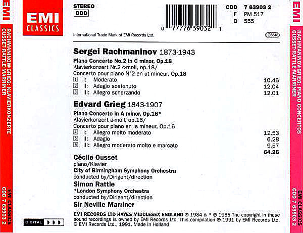 Edvard Grieg, Sergei Rachmaninoff - Cécile Ousset, London Symphony Orchestra, Sir Neville Marriner, City Of Birmingham Symphony Orchestra, Sir Simon Rattle-1