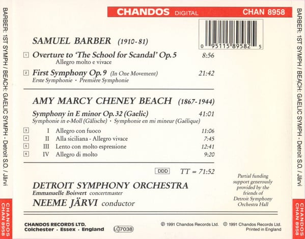 Samuel Barber / Amy Marcy Cheney Beach - Detroit Symphony Orchestra, Neeme Järvi-1