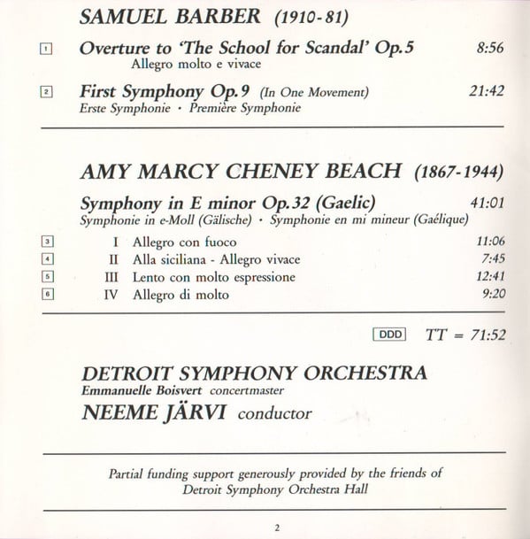 Samuel Barber / Amy Marcy Cheney Beach - Detroit Symphony Orchestra, Neeme Järvi-4