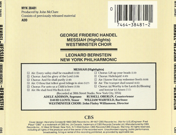 Georg Friedrich Händel - Adele Addison / David Lloyd (3) / Russell Oberlin / William Warfield, Westminster Choir, Leonard Bernstein, New York Philharmonic-1
