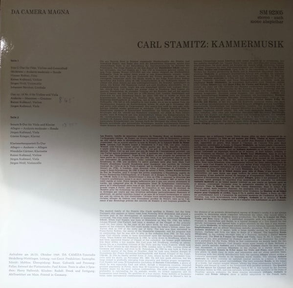 Carl Stamitz - Werner Richter (2) • Wendelin Gärtner • Jürgen Kussmaul • Rainer Kussmaul • Jürgen Wolf • Johannes Nerokas • Günter Krieger-1
