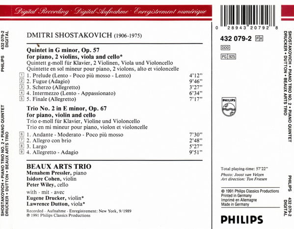 Dmitri Shostakovich, Beaux Arts Trio, Eugene Drucker, Lawrence Dutton-1