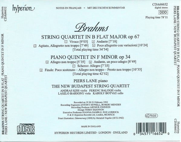 Johannes Brahms, New Budapest Quartet, Piers Lane-1