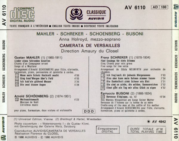 Gustav Mahler . Franz Schreker . Arnold Schoenberg . Ferruccio Busoni / Camerata De Versailles / Amaury Du Closel-1