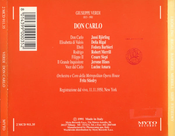 Giuseppe Verdi, Jussi Björling, Delia Rigal, Fedora Barbieri, Robert Merrill, Cesare Siepi, The Metropolitan Opera House Orchestra And Metropolitan Opera Chorus, Fritz Stiedry-1